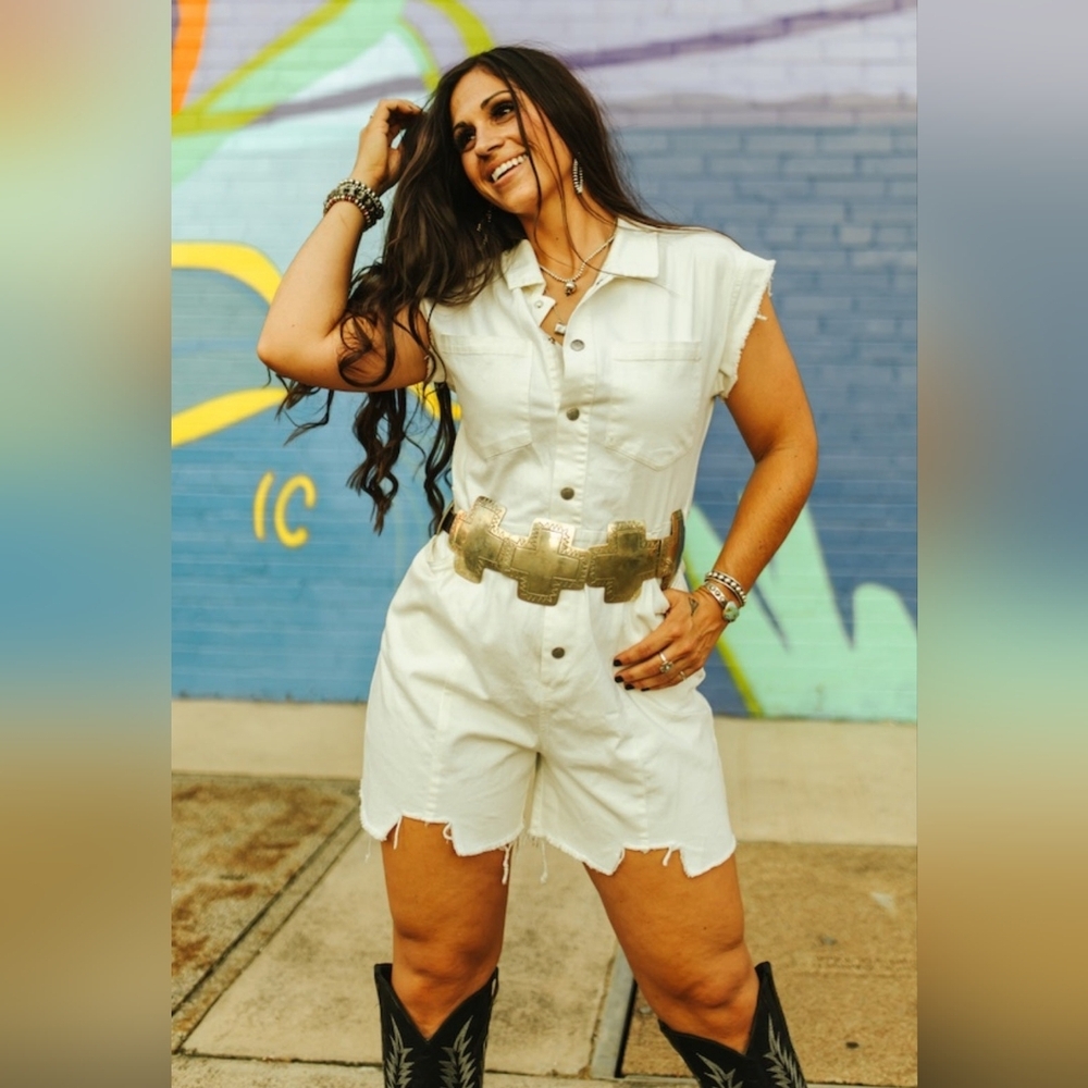 NWT White/Ivory Western Button Down Stretch Denim Short Sleeve Romper